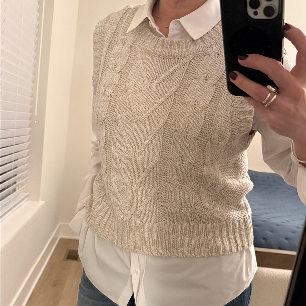 Tribal Cable Knit slight crop Cream Sweater Vest Oatmeal